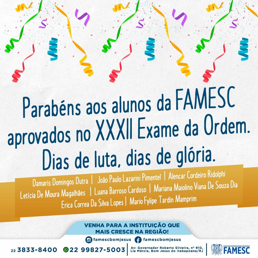 FAMESC parabeniza seus alunos pela aprovação no XXXII Exame da Ordem dos Advogados do Brasil